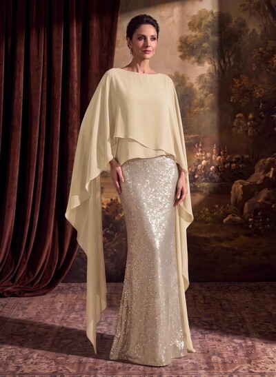 Sheath/Column Scoop Neck Cape Sleeves Floor-Length Chiffon/Sequined Mother Of The Bride Dresses With Ruffle/Sweeping Side Drape