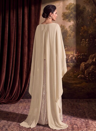 Sheath/Column Scoop Neck Cape Sleeves Floor-Length Chiffon/Sequined Mother Of The Bride Dresses With Ruffle/Sweeping Side Drape