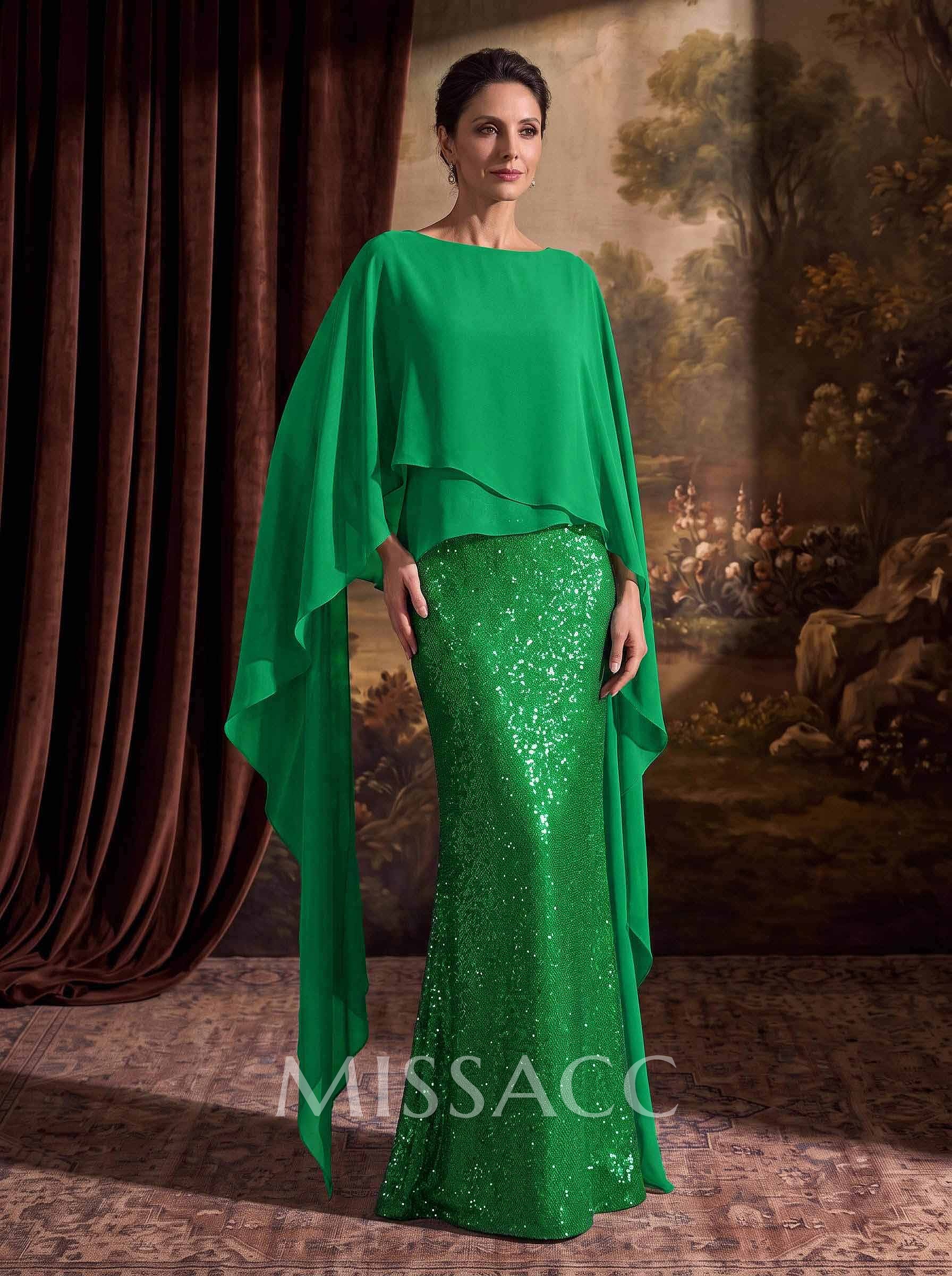 Sheath/Column Scoop Neck Cape Sleeves Floor-Length Chiffon/Sequined Mother Of The Bride Dresses With Ruffle/Sweeping Side Drape