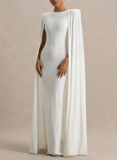 Sheath Column Scoop Neck Cape Sleeves Floor-Length Elastic Satin Mother Of The Bride Dresses With