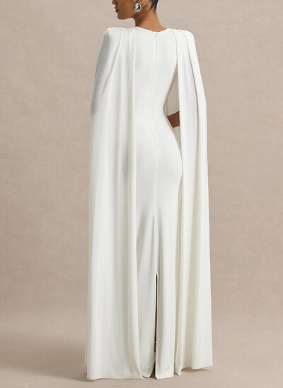 Sheath Column Scoop Neck Cape Sleeves Floor-Length Elastic Satin Mother Of The Bride Dresses With