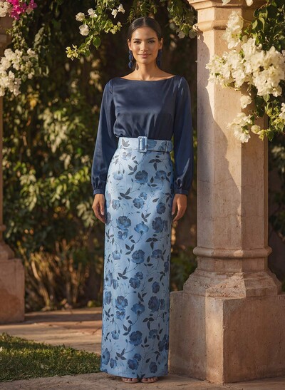 Sheath Column Scoop Neck Long Sleeves Floor-Length Crepe Chiffon Evening Dresses With Flower Back Slit