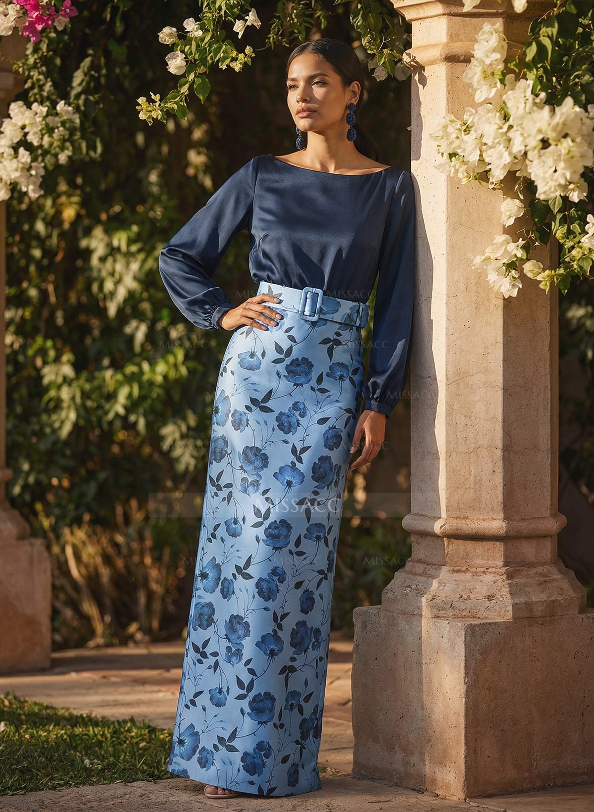 Sheath Column Scoop Neck Long Sleeves Floor-Length Crepe Chiffon Mother Of The Bride Dresses With Flower Back Slit