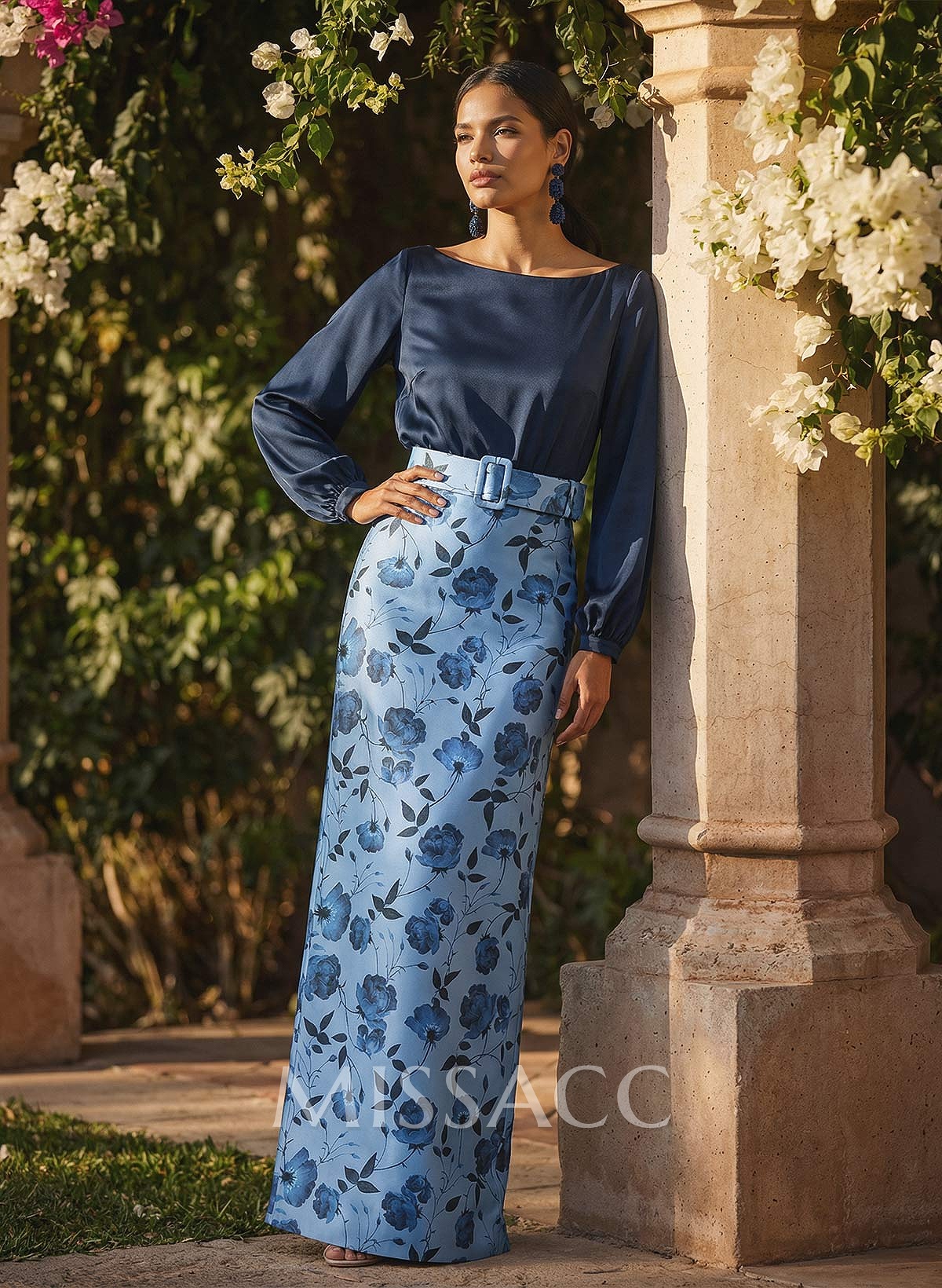 Sheath Column Scoop Neck Long Sleeves Floor-Length Crepe Satin Mother Of The Bride Dresses With Floral-Print/Back Slit