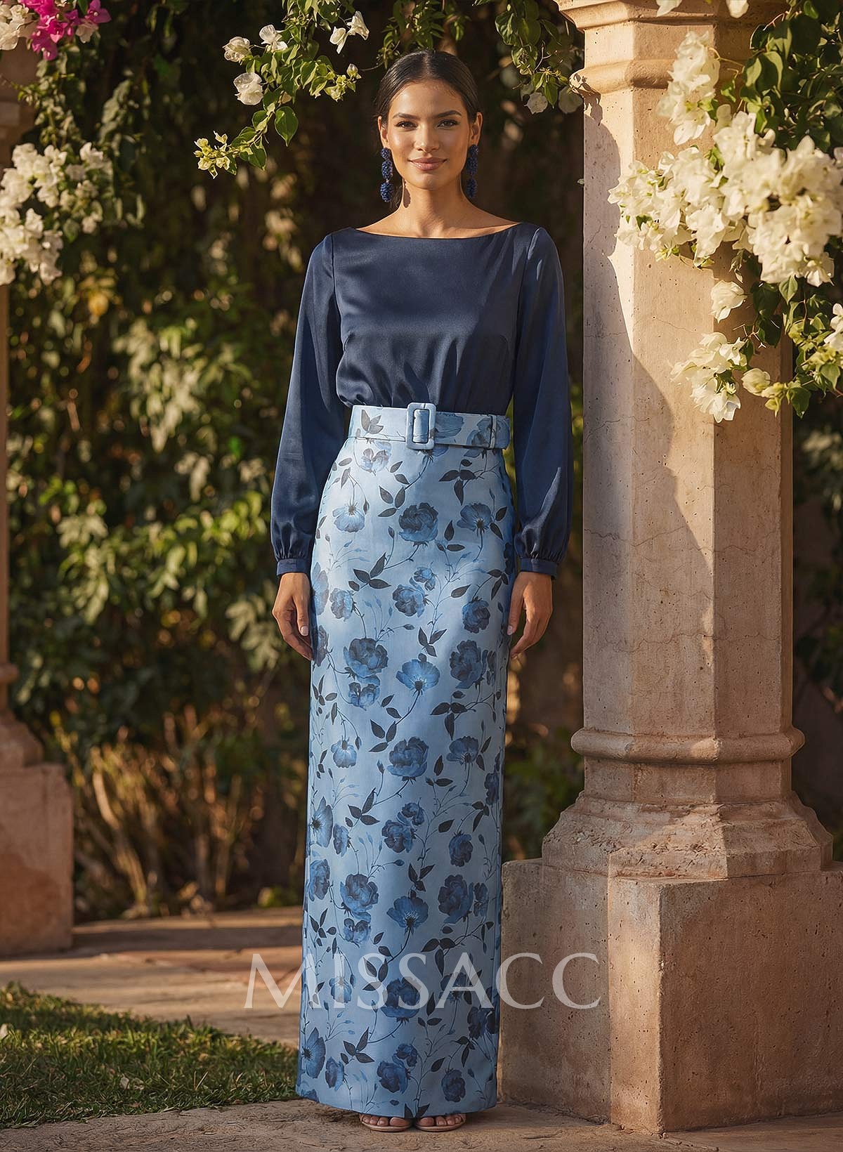 Sheath Column Scoop Neck Long Sleeves Floor-Length Crepe Satin Mother Of The Bride Dresses With Floral-Print/Back Slit