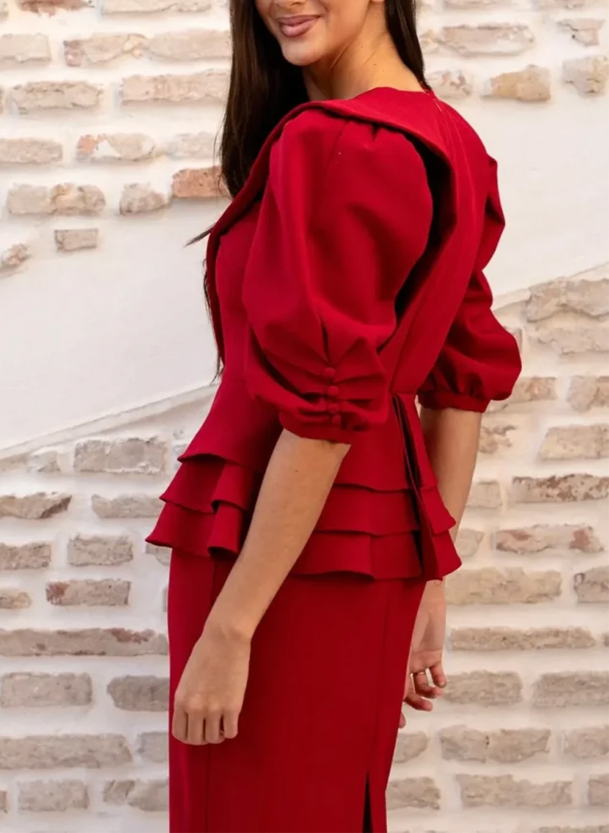 Sheath Column V-Neck 1/2 Sleeves Tea-Length Elastic Satin Mother Of The Bride Dresses With Cascading Ruffles Bubble Hem