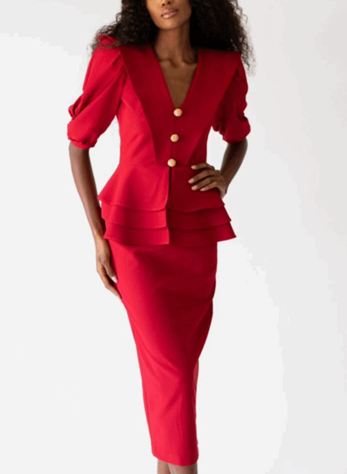 Sheath Column V-Neck 1/2 Sleeves Tea-Length Elastic Satin Mother Of The Bride Dresses With Cascading Ruffles Bubble Hem