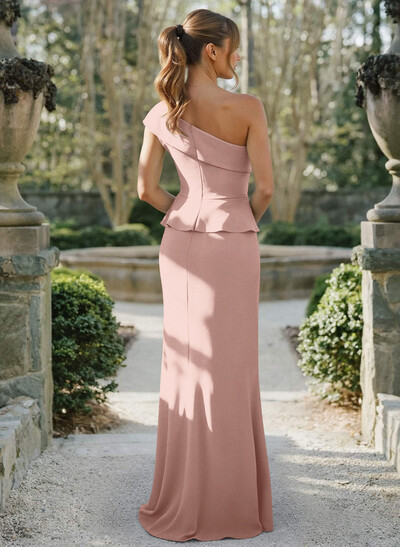 Sheath/Column One-Shoulder Sleeveless Floor-Length Elastic Satin Mother Of The Bride Dresses With Cascading Ruffles/High Split