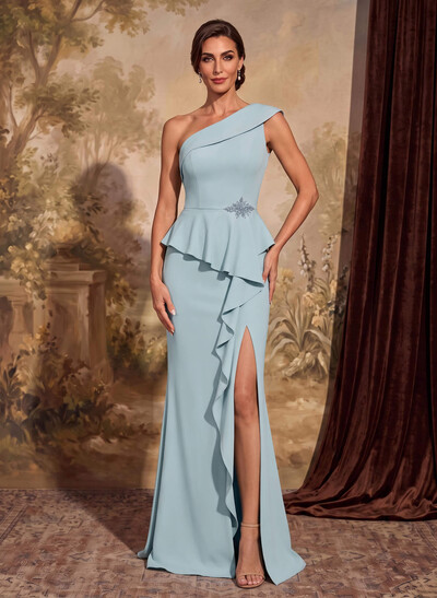 Sheath/Column One-Shoulder Sleeveless Floor-Length Elastic Satin Mother Of The Bride Dresses With Cascading Ruffles/High Split