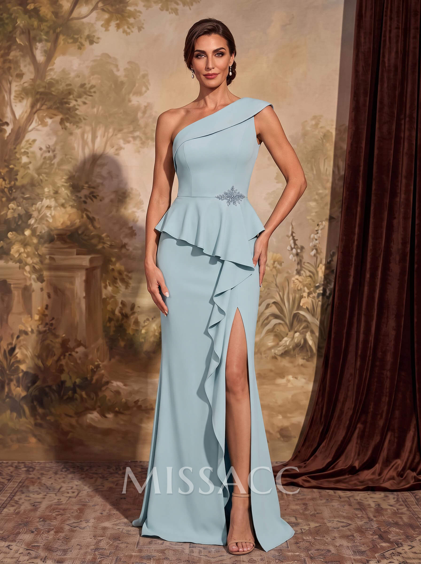 Sheath/Column One-Shoulder Sleeveless Floor-Length Elastic Satin Mother Of The Bride Dresses With Cascading Ruffles/High Split Sheath/Column One-Shoulder Sleeveless Floor-Length Elastic Satin Mother Of The Bride Dresses With Cascading Ruffles/High Split