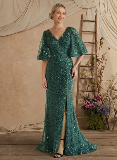 Sheath/Column V-Neck 1/2 Sleeves Sweep Train Sequined/Charmeuse Mother Of The Bride Dresses With Sequins