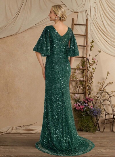 Sheath/Column V-Neck 1/2 Sleeves Sweep Train Sequined/Charmeuse Mother Of The Bride Dresses With Sequins