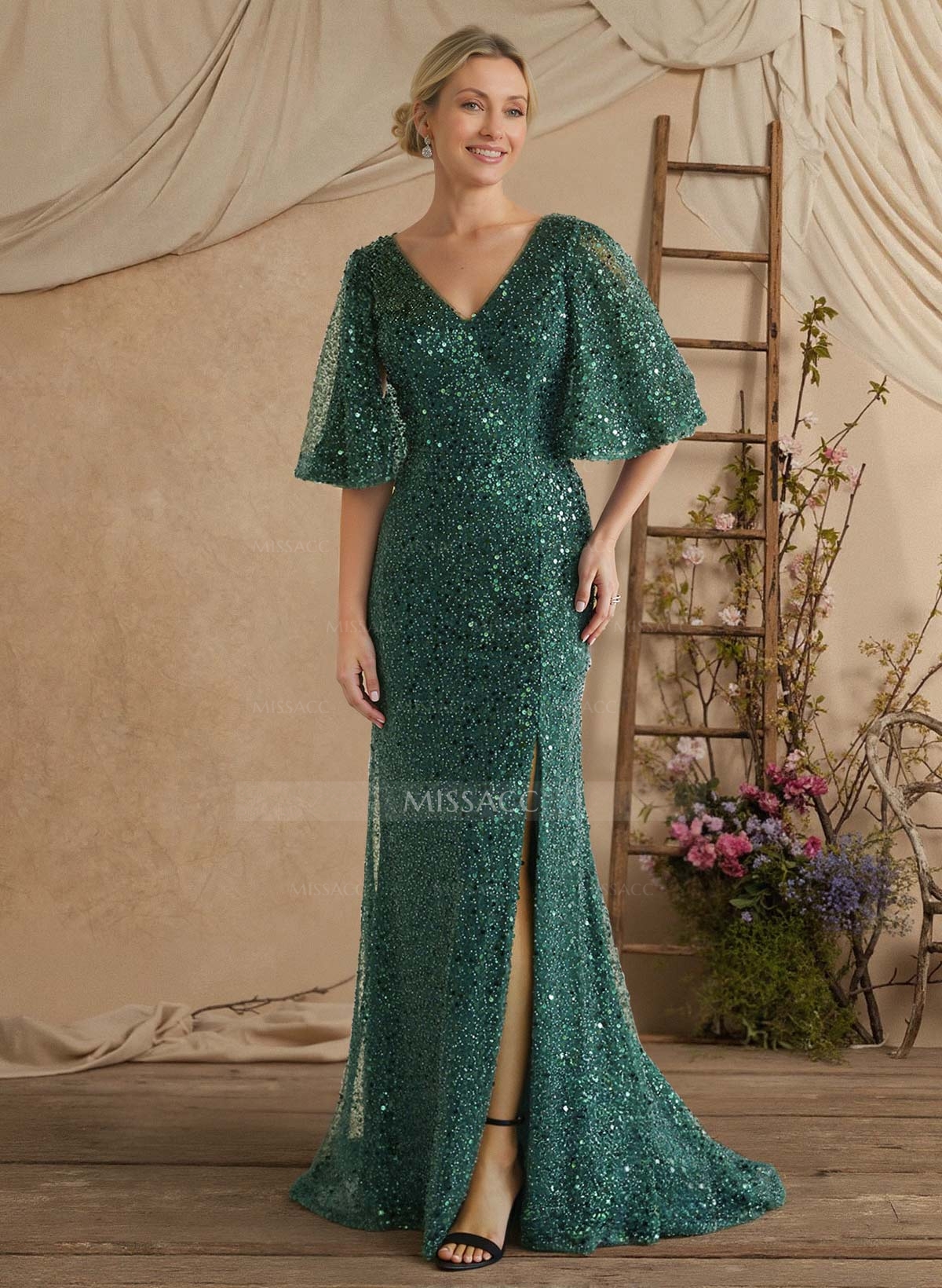 Sheath/Column V-Neck 1/2 Sleeves Sweep Train Sequined/Charmeuse Mother Of The Bride Dresses With Sequins