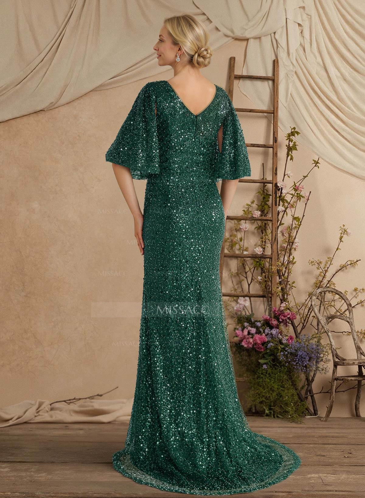 Sheath/Column V-Neck 1/2 Sleeves Sweep Train Sequined/Charmeuse Mother Of The Bride Dresses With Sequins