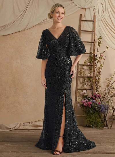 Sheath/Column V-Neck 1/2 Sleeves Sweep Train Sequined/Charmeuse Mother Of The Bride Dresses With Sequins