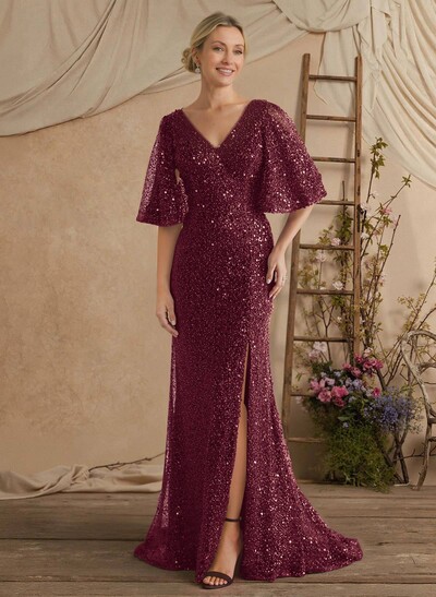 Sheath/Column V-Neck 1/2 Sleeves Sweep Train Sequined/Charmeuse Mother Of The Bride Dresses With Sequins