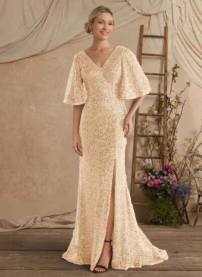 Sheath/Column V-Neck 1/2 Sleeves Sweep Train Sequined/Charmeuse Mother Of The Bride Dresses With Sequins