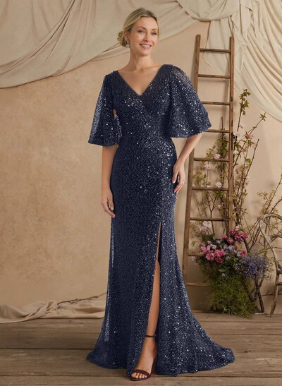 Sheath/Column V-Neck 1/2 Sleeves Sweep Train Sequined/Charmeuse Mother Of The Bride Dresses With Sequins