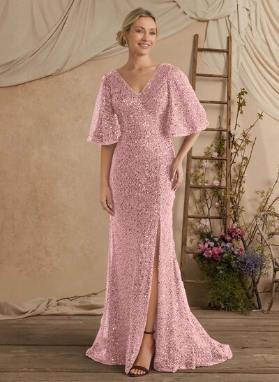 Sheath/Column V-Neck 1/2 Sleeves Sweep Train Sequined/Charmeuse Mother Of The Bride Dresses With Sequins