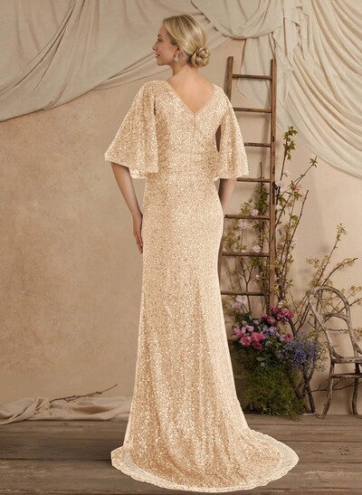 Sheath/Column V-Neck 1/2 Sleeves Sweep Train Sequined/Charmeuse Mother Of The Bride Dresses With Sequins