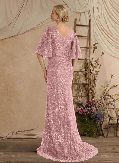 Sheath/Column V-Neck 1/2 Sleeves Sweep Train Sequined/Charmeuse Mother Of The Bride Dresses With Sequins