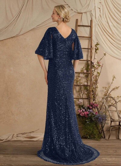 Sheath/Column V-Neck 1/2 Sleeves Sweep Train Sequined/Charmeuse Mother Of The Bride Dresses With Sequins