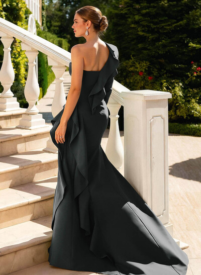 Sheath/Column One-Shoulder Long Sleeves Court Train Elastic Satin Mother Of The Bride Dresses With Cascading Ruffles/High Split/Shoulder Ruffle