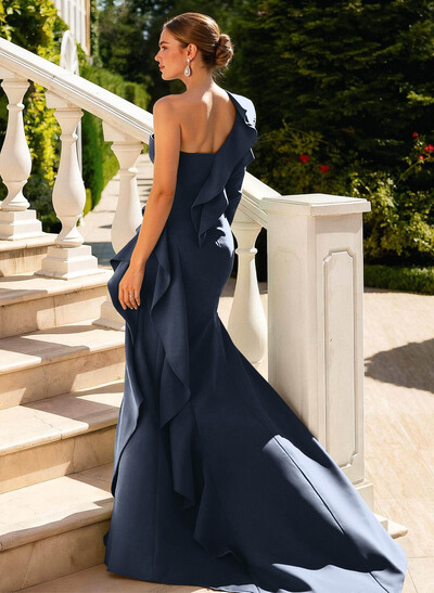 Sheath/Column One-Shoulder Long Sleeves Court Train Elastic Satin Mother Of The Bride Dresses With Cascading Ruffles/High Split/Shoulder Ruffle