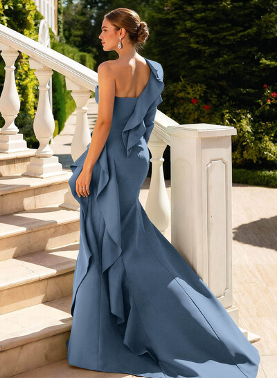 Sheath/Column One-Shoulder Long Sleeves Court Train Elastic Satin Mother Of The Bride Dresses With Cascading Ruffles/High Split/Shoulder Ruffle
