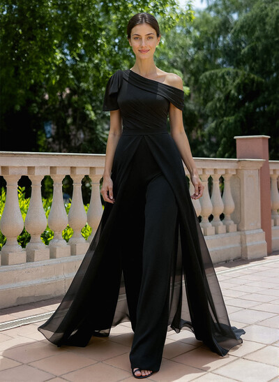 Jumpsuit/Pantsuit Asymmetrical Short Sleeves Detachable Chiffon Mother Of The Bride Dresses With Bow(s)