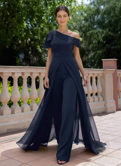 Jumpsuit/Pantsuit Asymmetrical Short Sleeves Detachable Chiffon Mother Of The Bride Dresses With Bow(s)