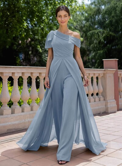 Jumpsuit/Pantsuit Asymmetrical Short Sleeves Detachable Chiffon Mother Of The Bride Dresses With Bow(s)