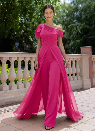Mother of the Bride Asymmetrical Short Sleeve Jumpsuit/Pantsuit with Detachable Chiffon and Bow
