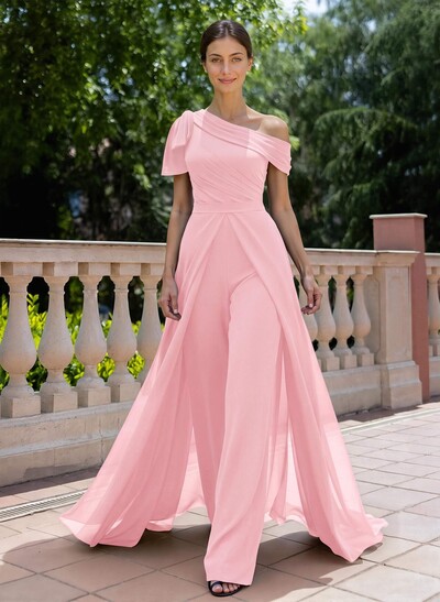Jumpsuit/Pantsuit Asymmetrical Short Sleeves Detachable Chiffon Mother Of The Bride Dresses With Bow(s)