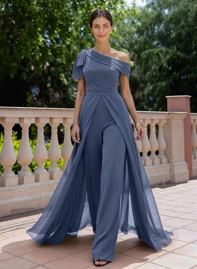 Mother of the Bride Asymmetrical Short Sleeve Jumpsuit/Pantsuit with Detachable Chiffon and Bow Details