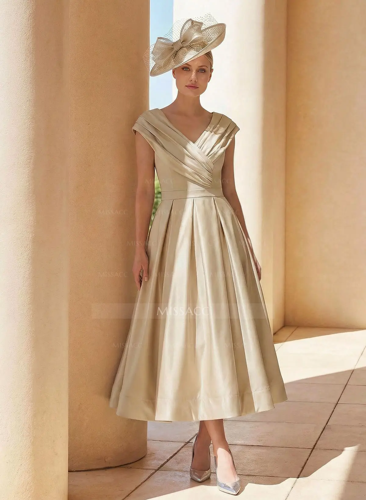A-Line Off-The-Shoulder Sleeveless Tea-Length Mother Of The Bride Dresses  With - Missacc