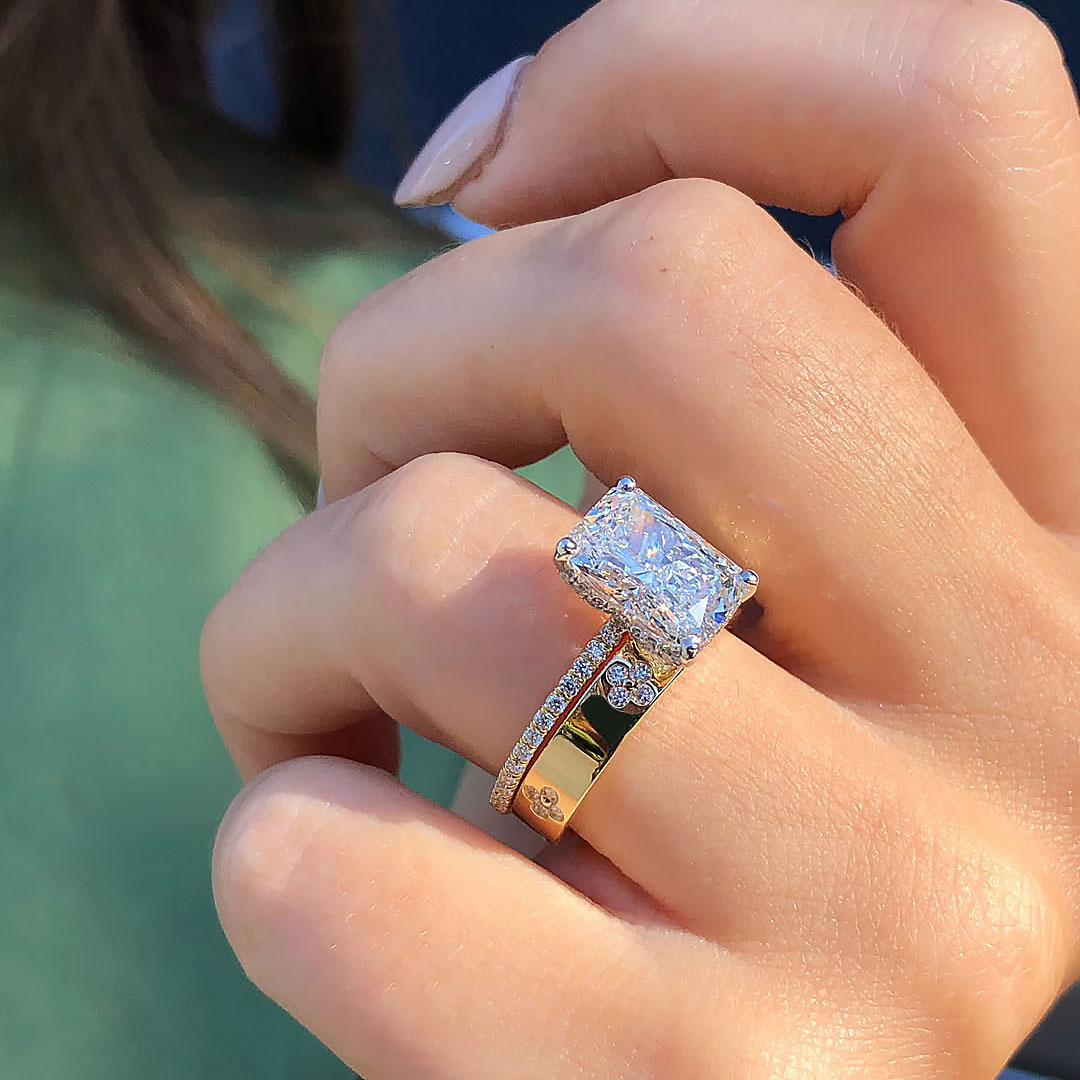 6CT Radiant Cut Moissanite Engagement Rings Sets In Sterling Silver