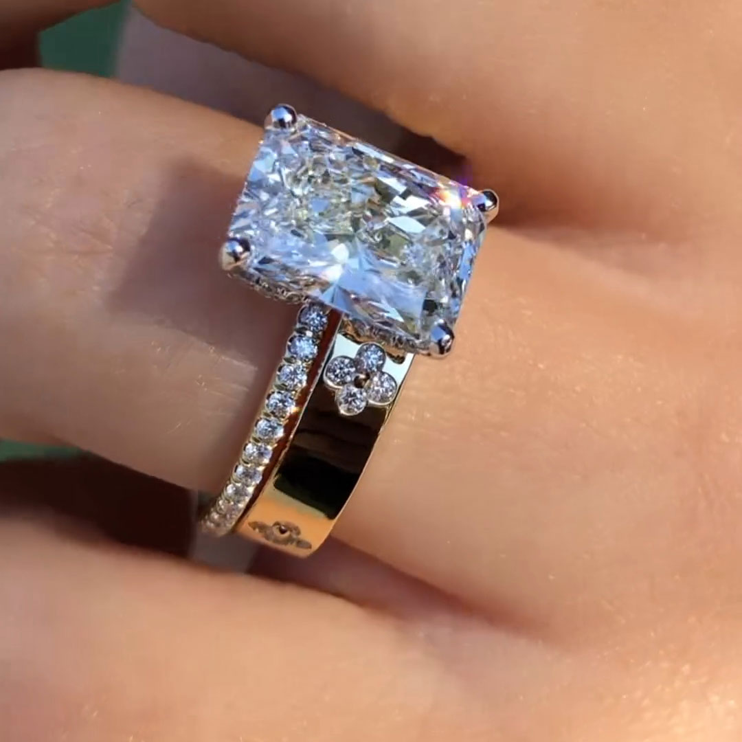 6CT Radiant Cut Moissanite Engagement Rings Sets In Sterling Silver