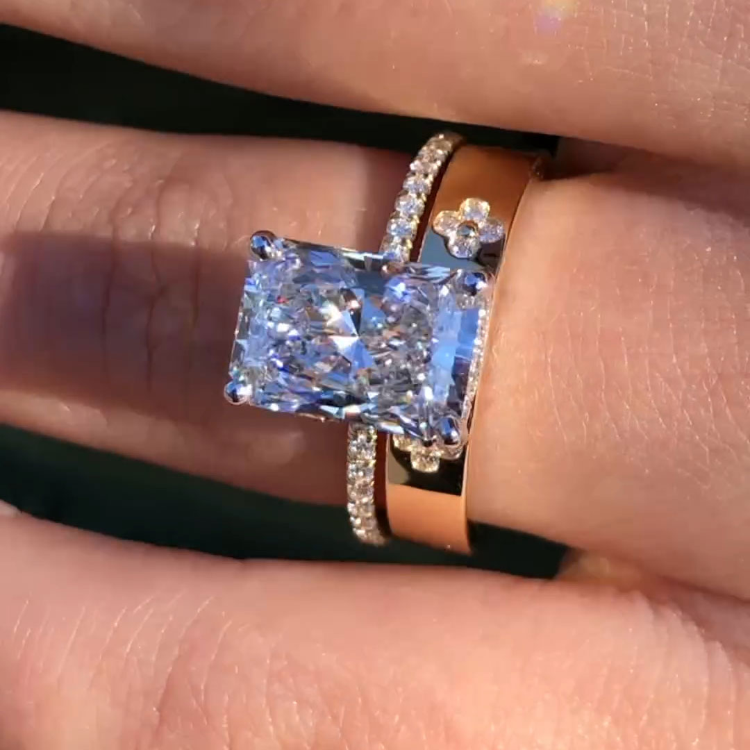 6CT Radiant Cut Moissanite Engagement Rings Sets In Sterling Silver