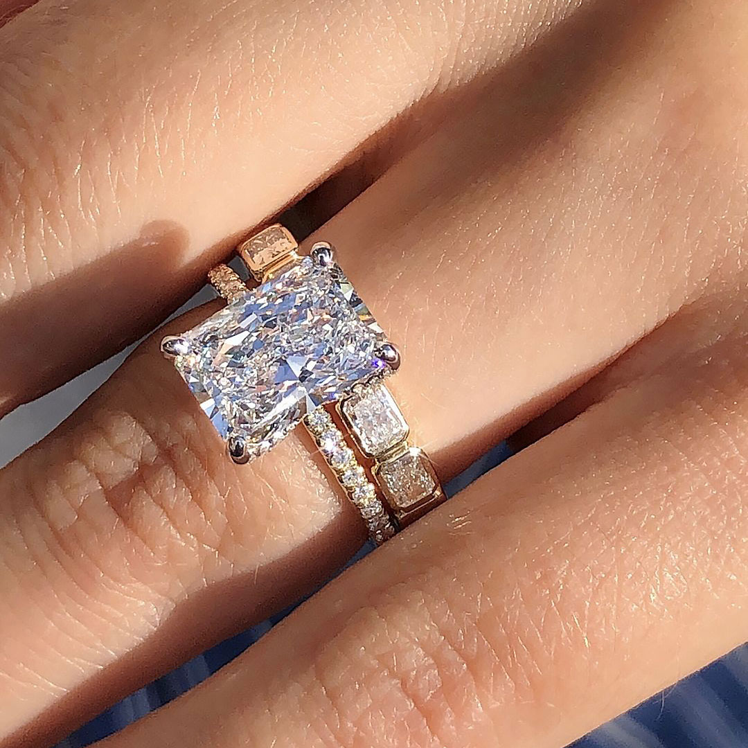 6CT Radiant Cut Moissanite Engagement Rings Sets In Sterling Silver