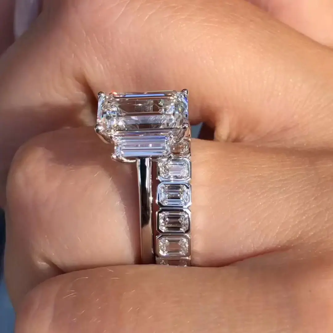 5CT Emerald Cut Moissanite Engagement Rings Sets In Sterling Silver