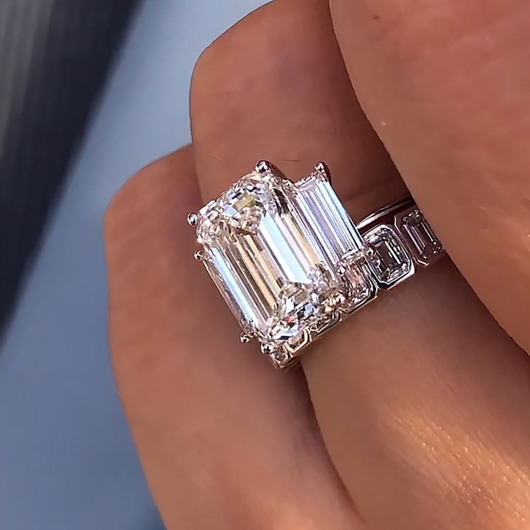 5CT Emerald Cut Moissanite Engagement Rings Sets In Sterling Silver