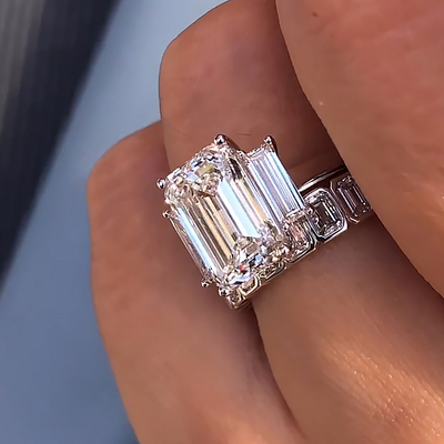 5CT Emerald Cut Moissanite Engagement Rings Sets In Sterling Silver
