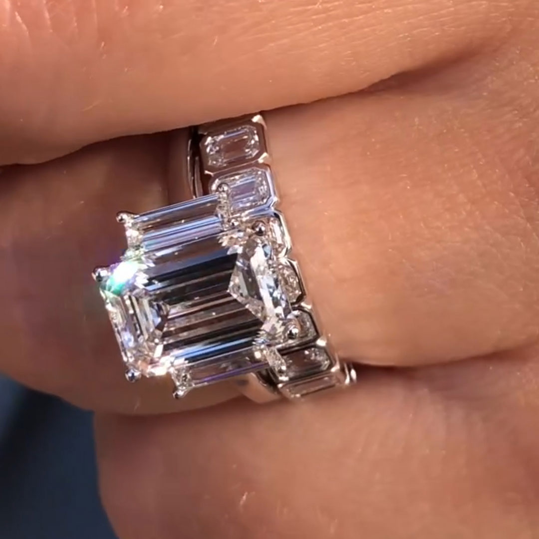 5CT Emerald Cut Moissanite Engagement Rings Sets In Sterling Silver