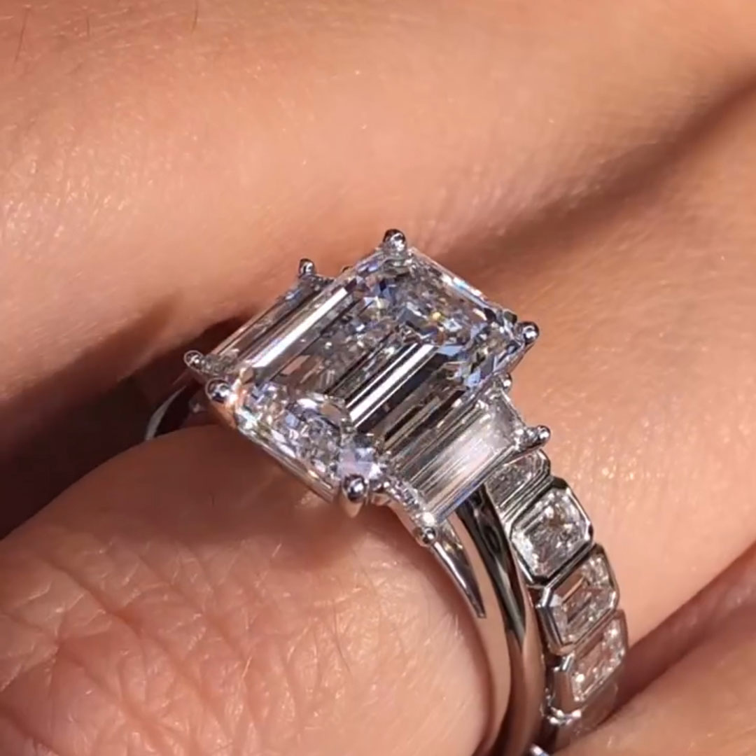 5CT Emerald Cut Moissanite Engagement Rings Sets In Sterling Silver