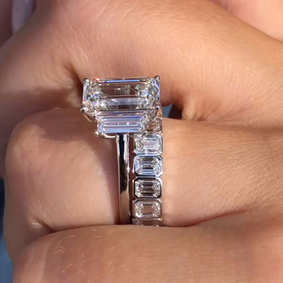 5CT Emerald Cut Moissanite Engagement Rings Sets In Sterling Silver