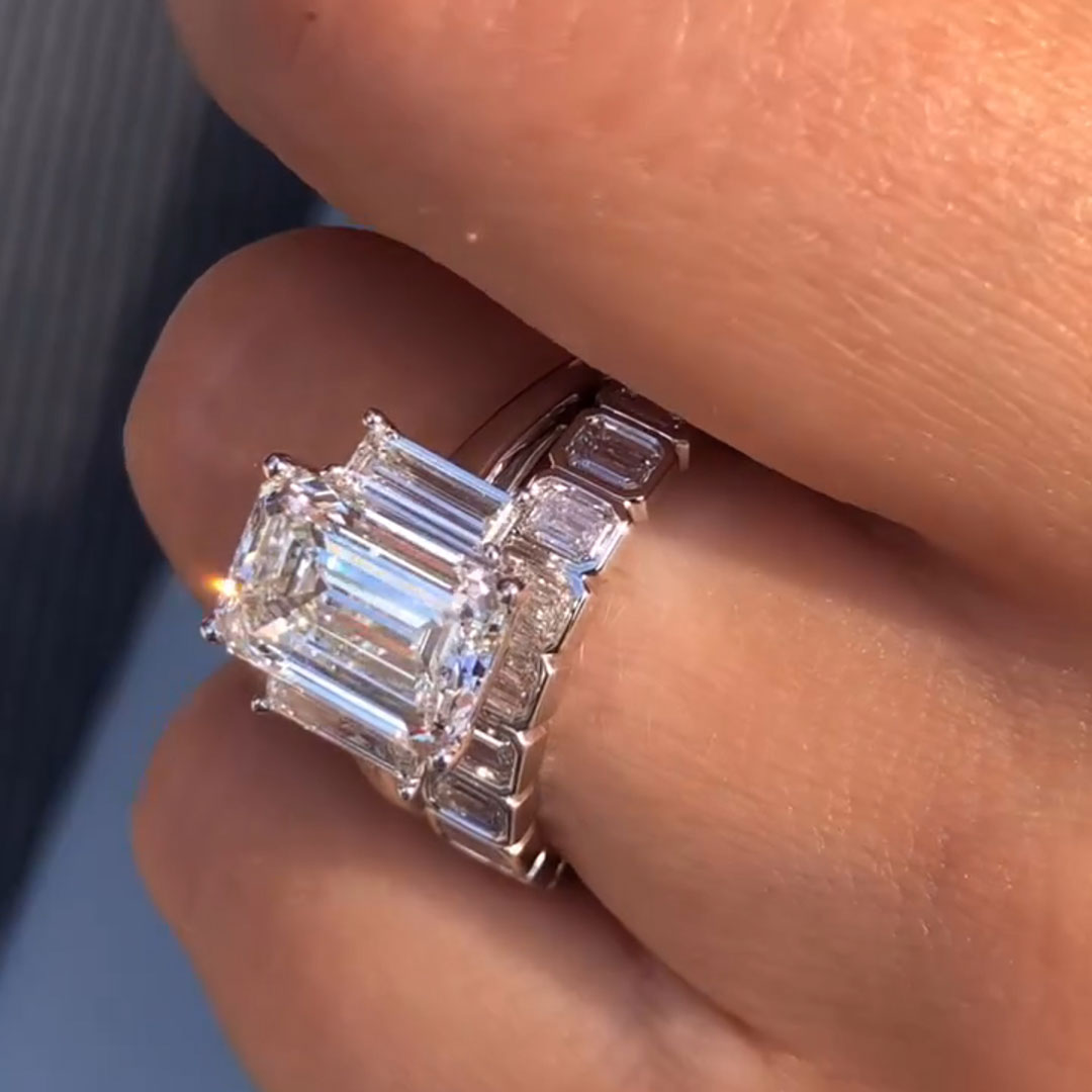 5CT Emerald Cut Moissanite Engagement Rings Sets In Sterling Silver