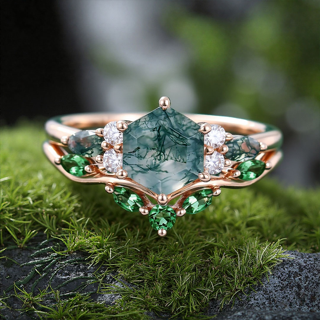 Hexagon Cut Moss Agate Engagement Rings Sets In Sterling Silver