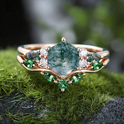 Hexagon Cut Moss Agate Engagement Rings Sets In Sterling Silver