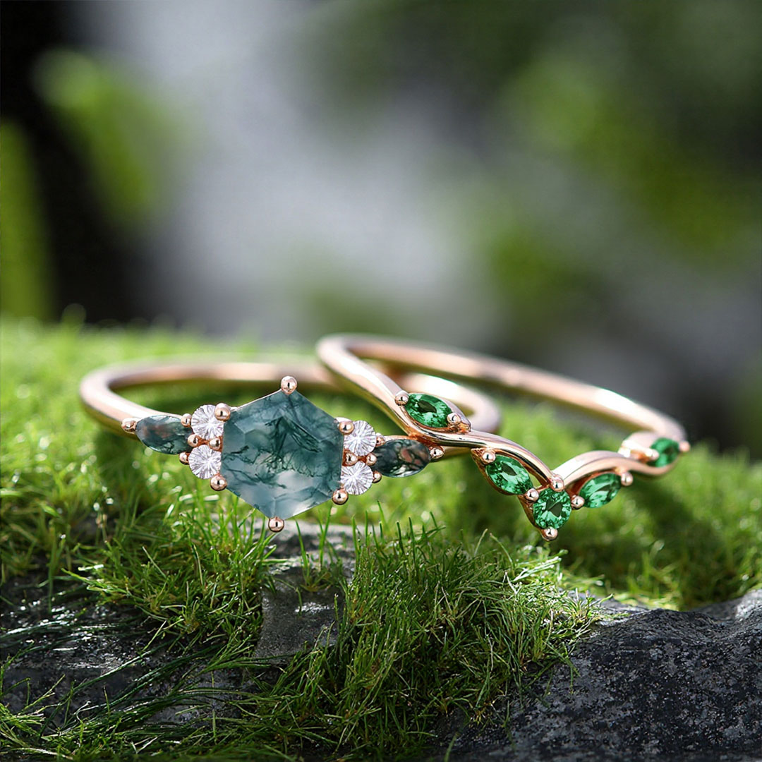 Hexagon Cut Moss Agate Engagement Rings Sets In Sterling Silver